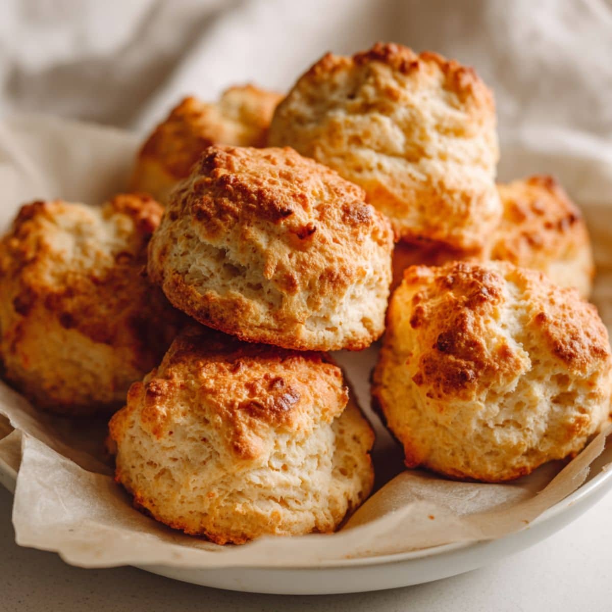 Fluffy homemade gluten free biscuits on parchment paper, baked golden brown on a white kitchen counter.