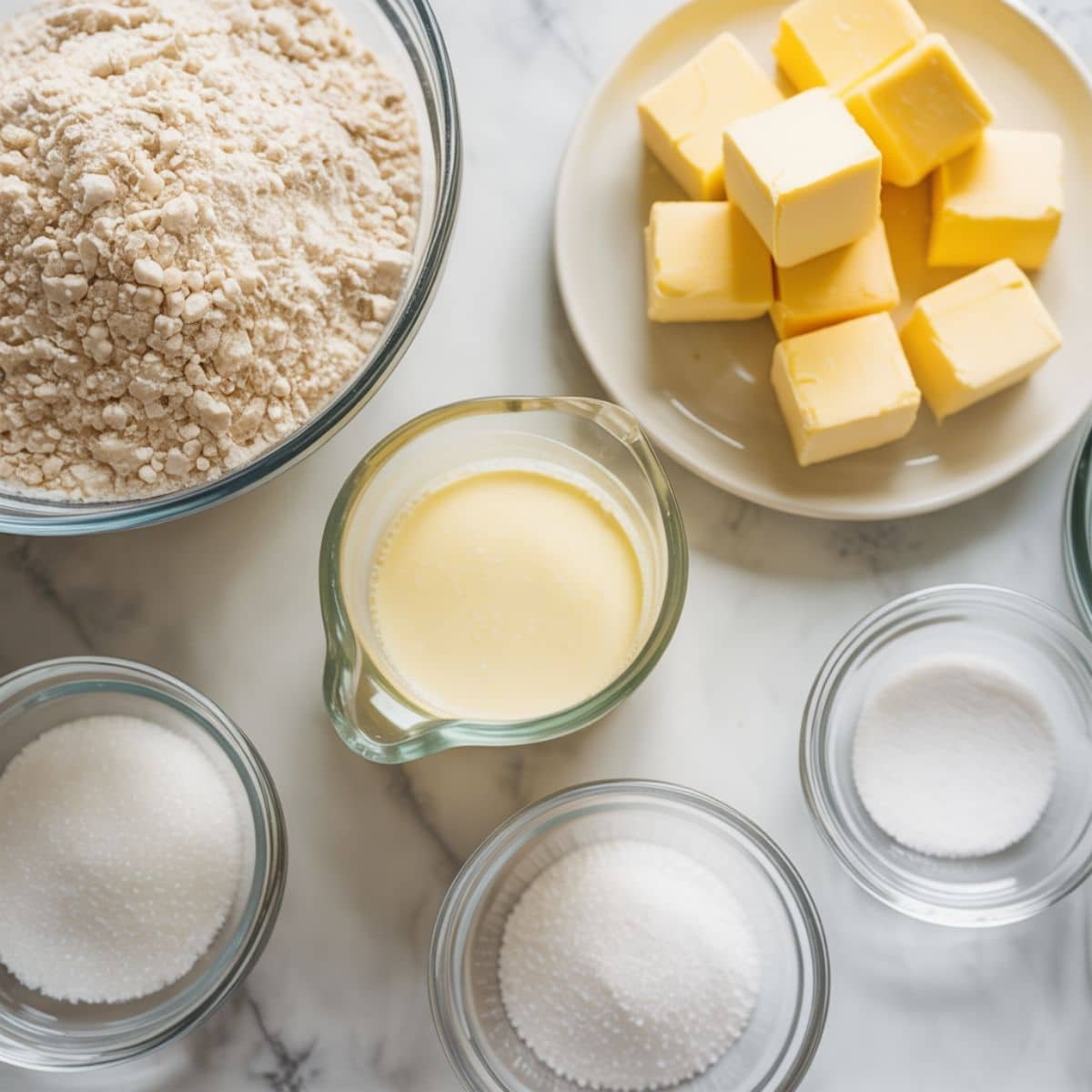Top-down view of gluten free biscuit ingredients on a white kitchen counter including flour, butter, buttermilk, baking powder, sugar, and salt.