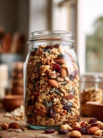 Homemade healthy granola in a glass jar on white kitchen counter with oats, nuts, and dried fruit