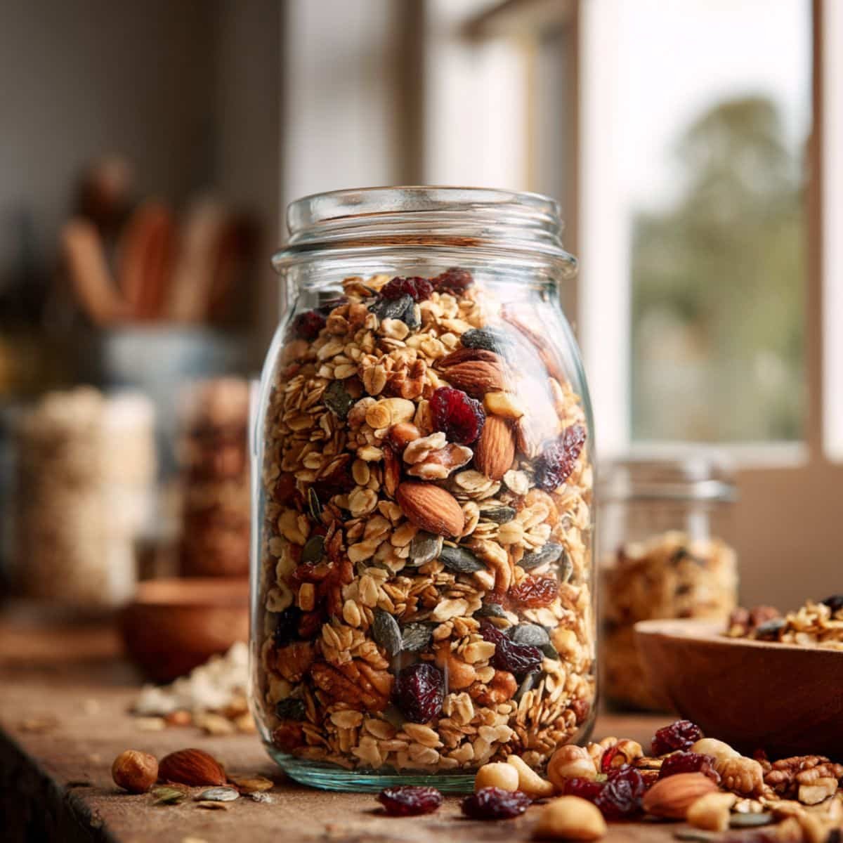 Homemade healthy granola recipe in a glass jar on white kitchen counter with oats, nuts, and dried fruit