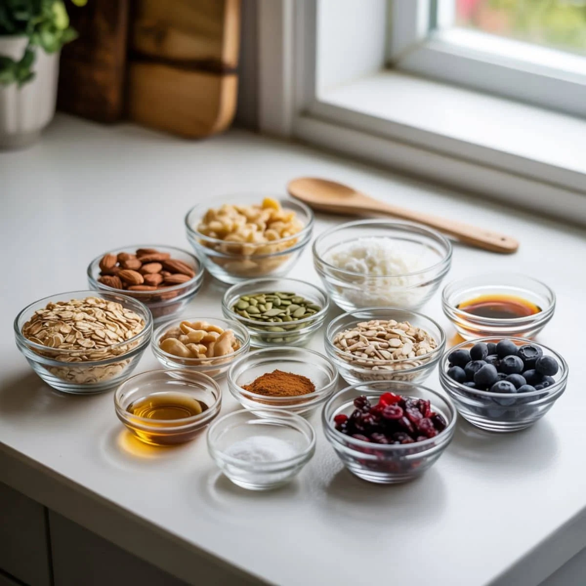 All healthy granola ingredients neatly arranged in white bowls on a white kitchen counter