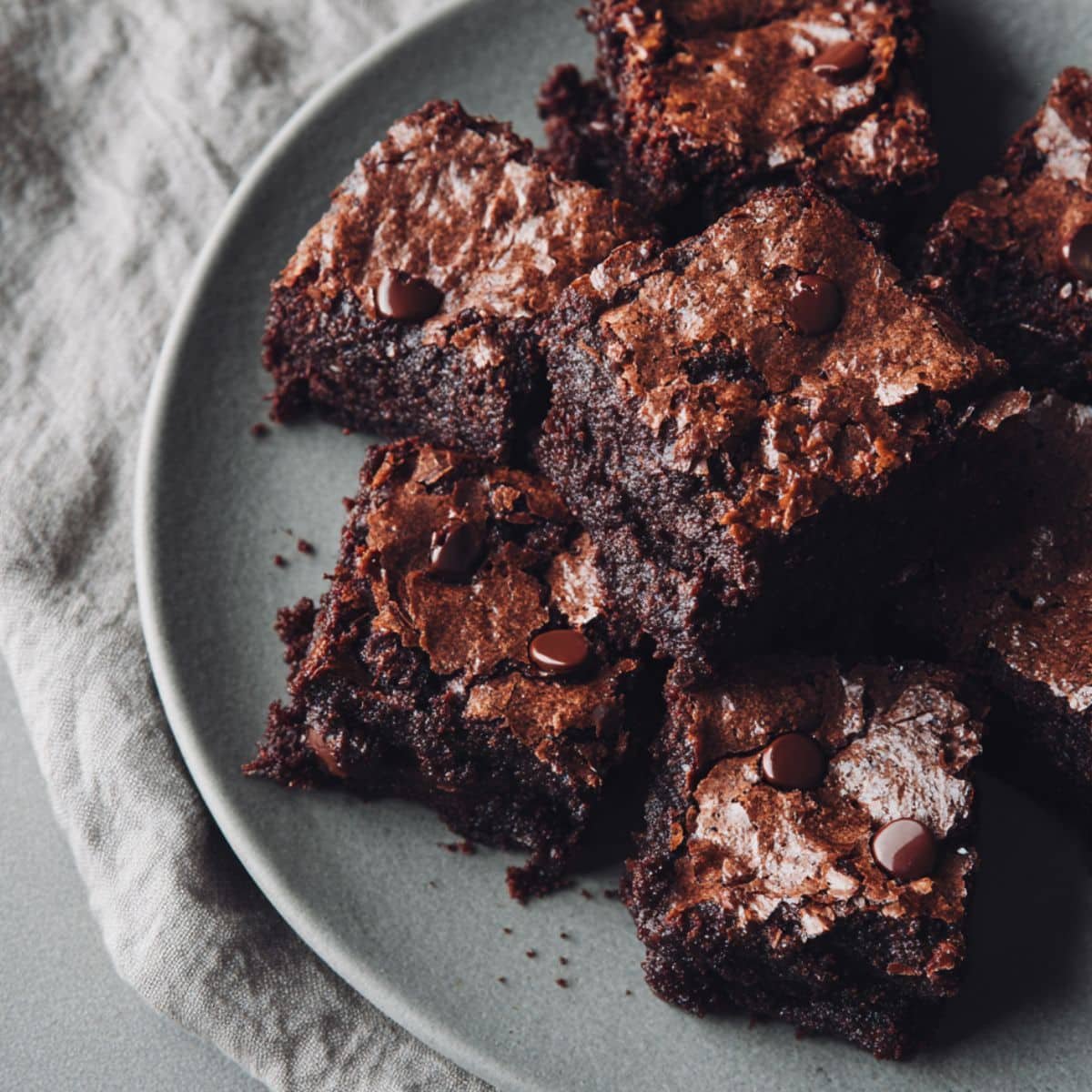 Freshly baked chocolate chip brownies cut into rustic squares on plate