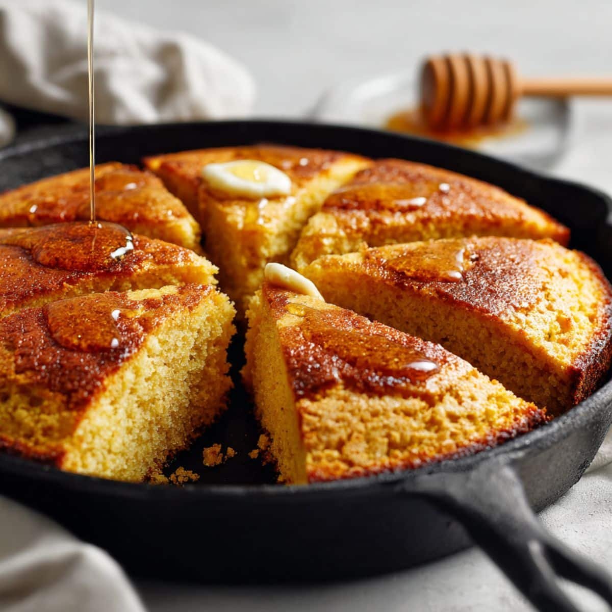 Freshly baked Honey Cornbread Recipe in cast iron skillet on white kitchen counter, top-down view