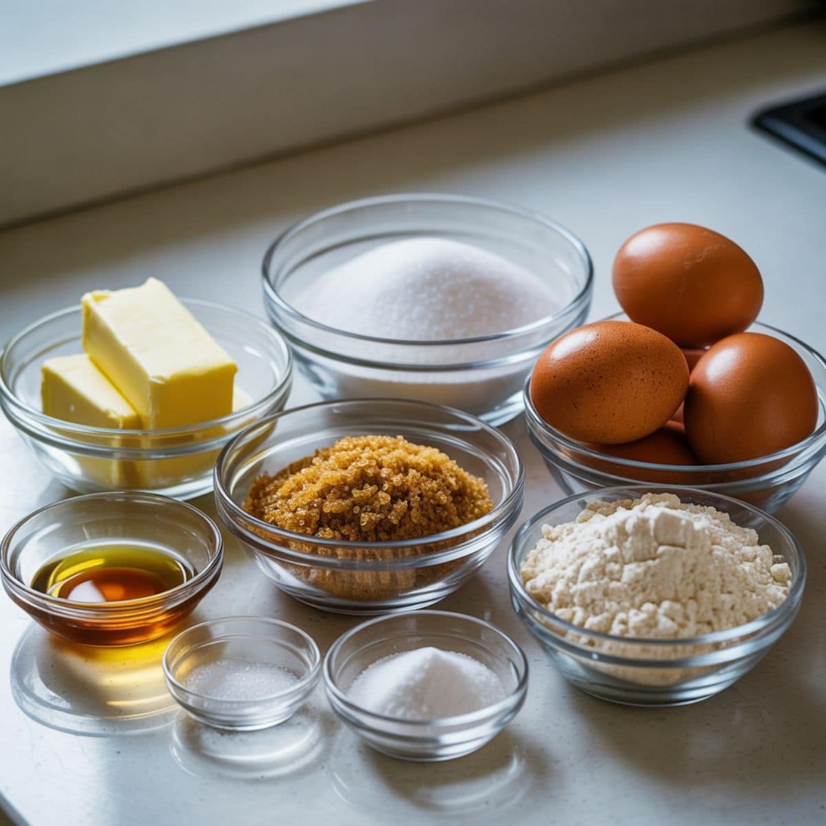 All ingredients for brown butter sugar cookies arranged in order on a white kitchen counter in white bowls