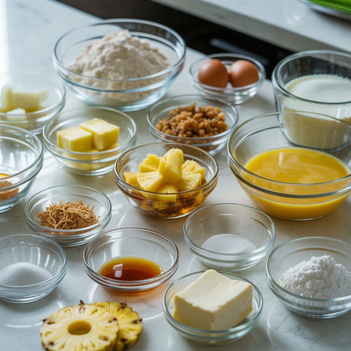 Top-down view of coconut pineapple cake ingredients on a white kitchen table