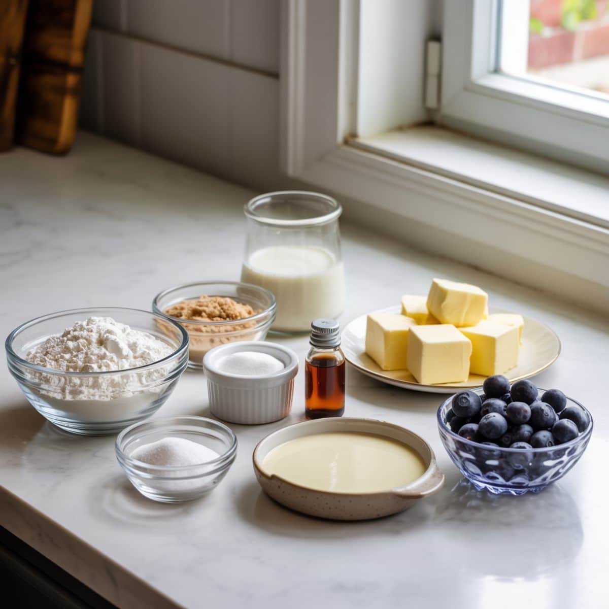 Flat lay of ingredients for blueberry biscuits including flour, butter, blueberries, buttermilk, sugar, baking powder, salt, and lemon on a white kitchen counter.