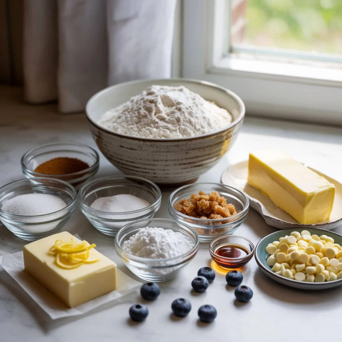 All ingredients for blueberry cheesecake cookies