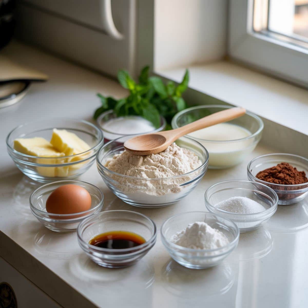 Top-down view of ingredients for chocolate pinwheel cookies, including flour, butter, sugar, egg, cocoa, vanilla, baking powder, salt, powdered sugar, and milk on a white kitchen table.