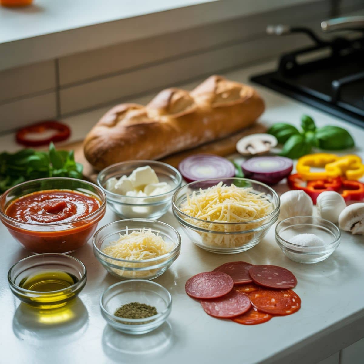 Ingredients for homemade French bread pizza recipe including bread, sauce, cheese, pepperoni, vegetables, and herbs on a white kitchen table.