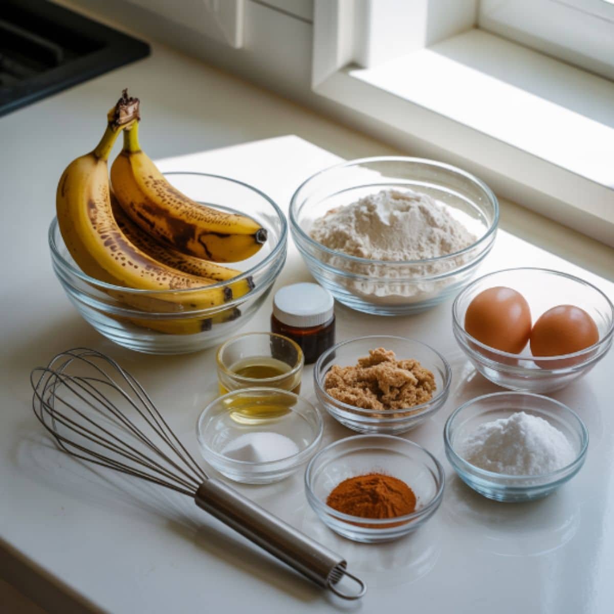 Flat lay of ingredients for gluten-free banana bread including ripe bananas, gluten-free flour, eggs, brown sugar, coconut oil, vanilla, cinnamon