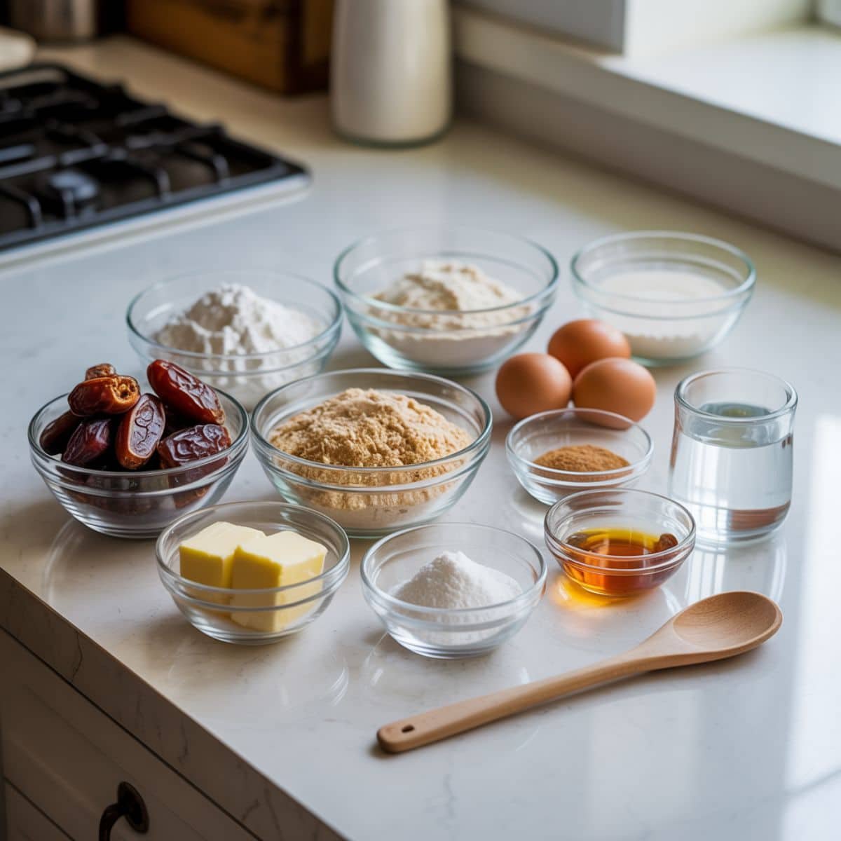 All ingredients for gluten free sticky toffee pudding arranged on a white kitchen table in a flat lay.