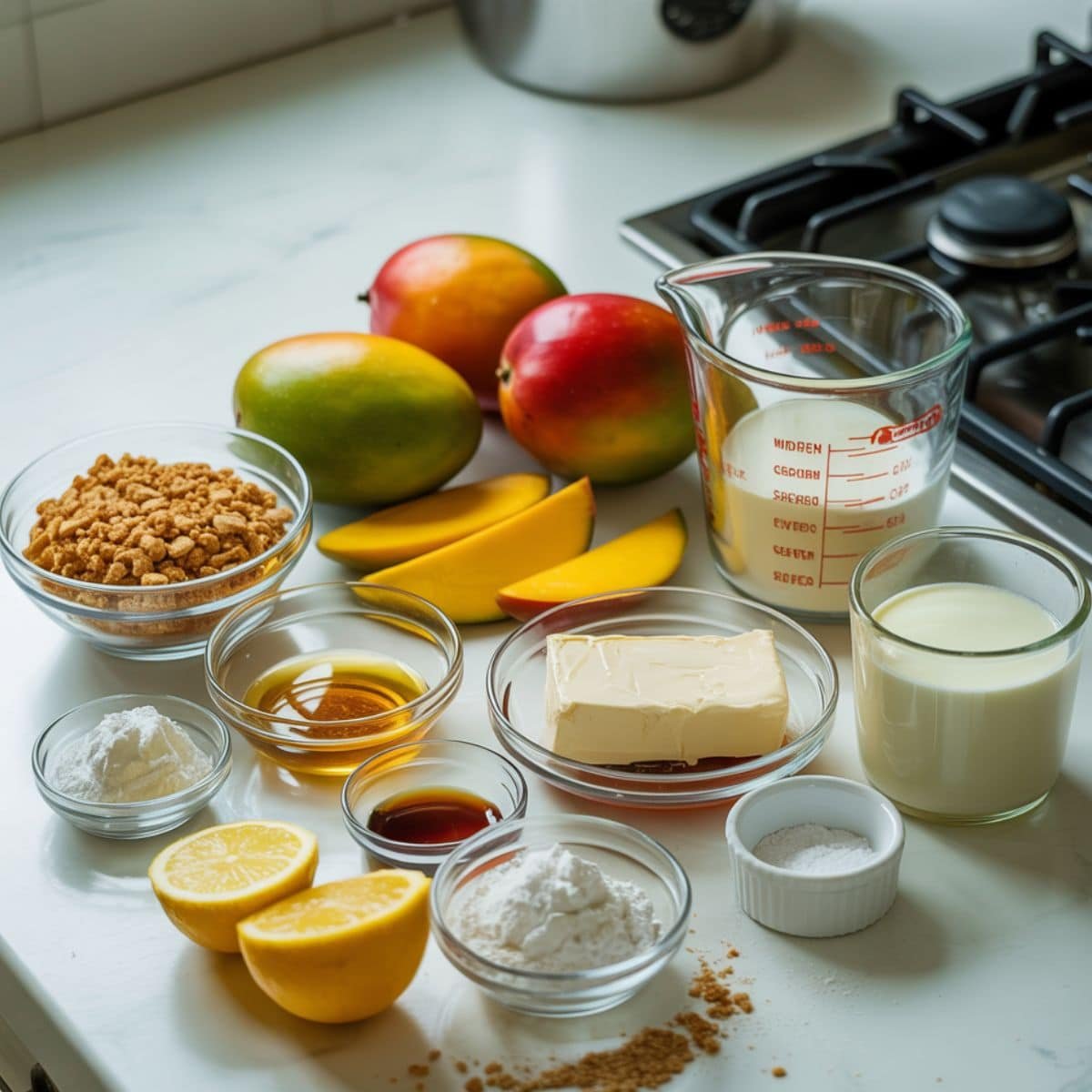 Flat lay of ingredients for no bake mango cheesecake including mangoes, cream cheese, biscuits, butter, sugar, cream, and gelatin on a white kitchen table.