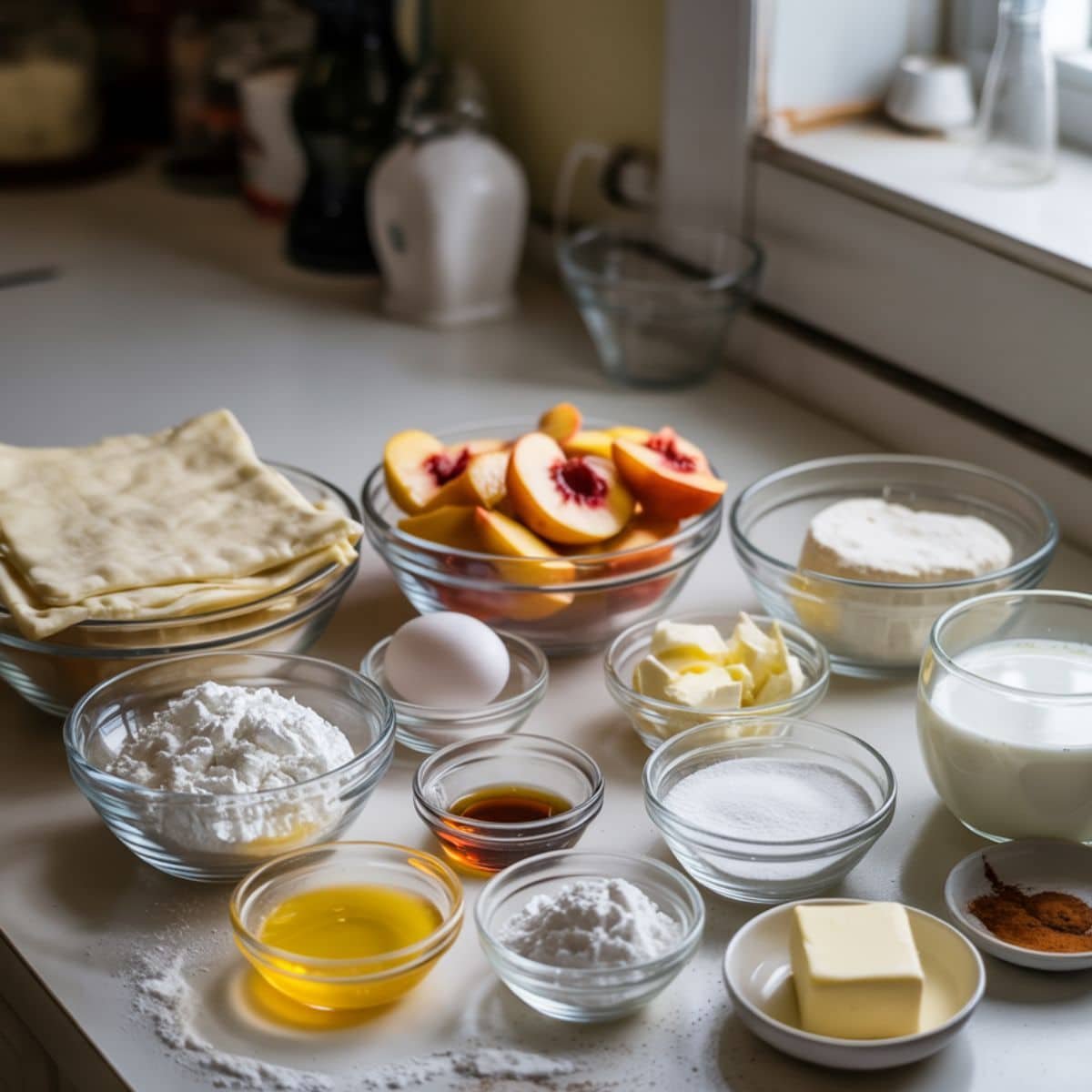 Flat lay of peach danish pastry ingredients including puff pastry, peaches, cream cheese, sugar, egg, vanilla, lemon, cornstarch, powdered sugar, milk, butter, salt, and cinnamon on a white kitchen table