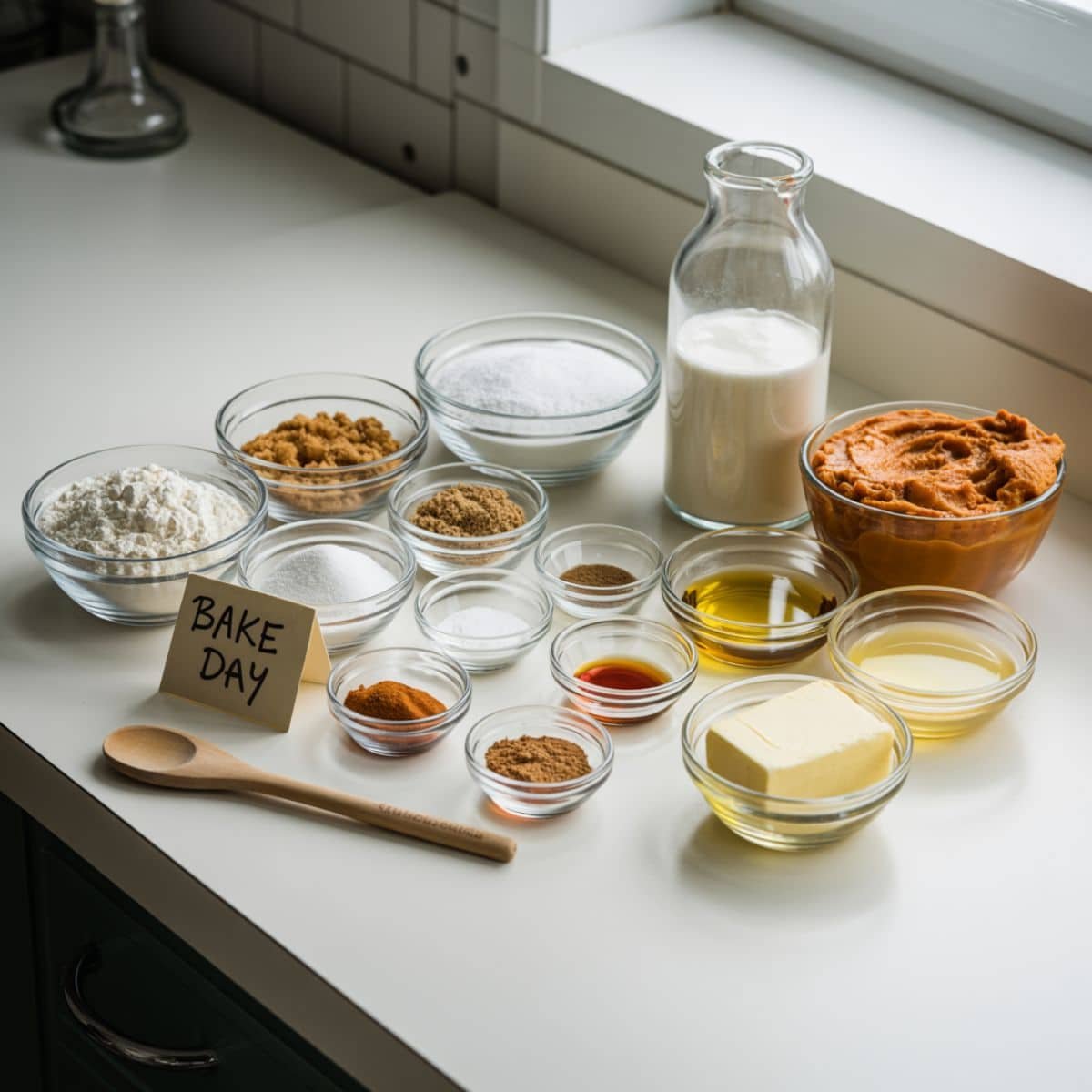 Ingredients for vegan pumpkin cupcakes spread on a white kitchen table, top-down amateur photo.