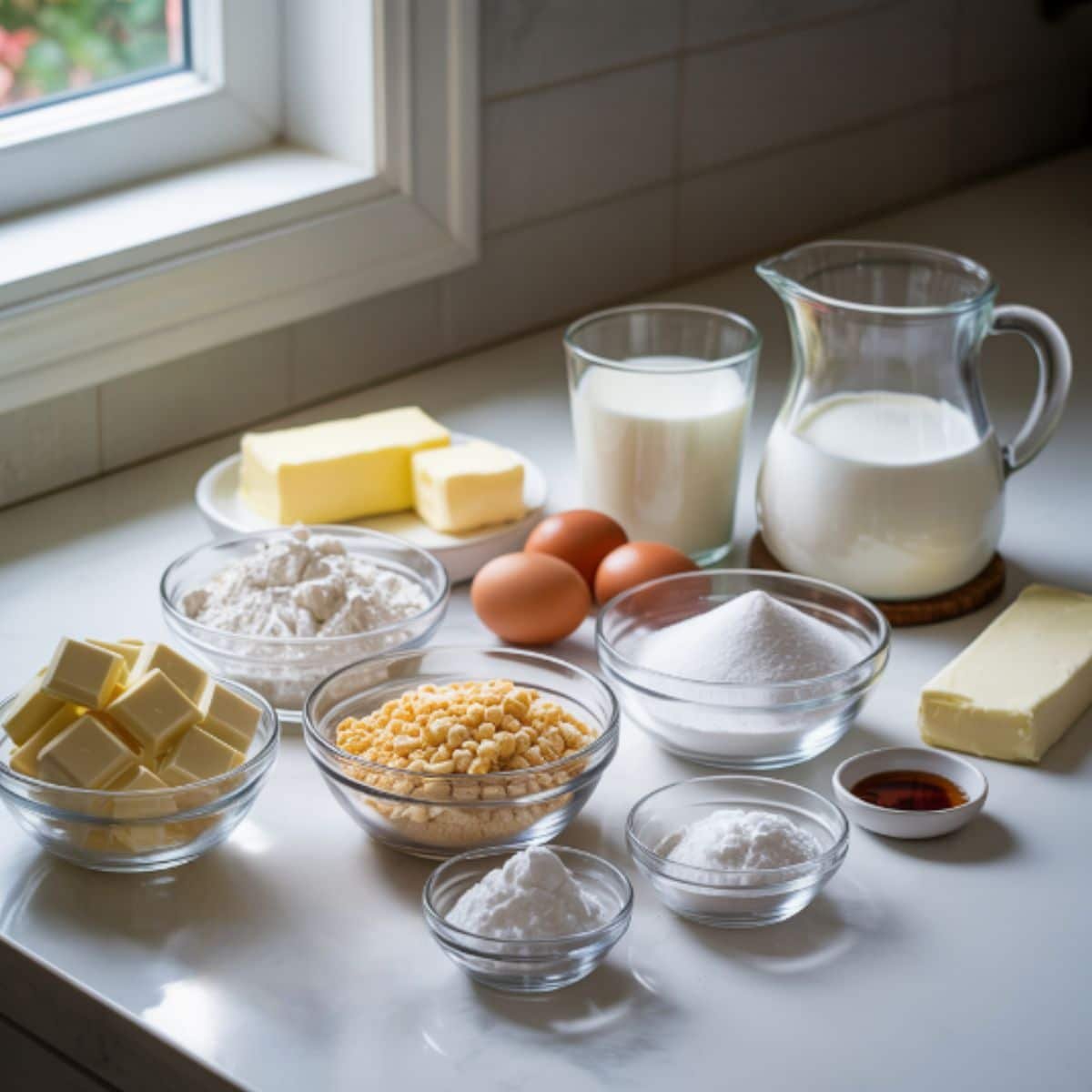 Flat lay of white chocolate cake ingredients including white chocolate, flour, sugar, butter, eggs, milk, cream, vanilla, baking powder, salt, and cream cheese on a white kitchen table