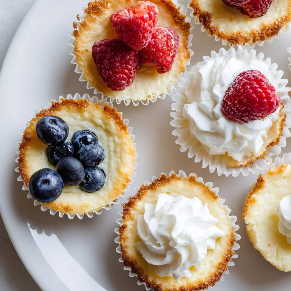 Homemade keto mini cheesecakes on a white kitchen table, shot from above, with simple toppings like berries and whipped cream.