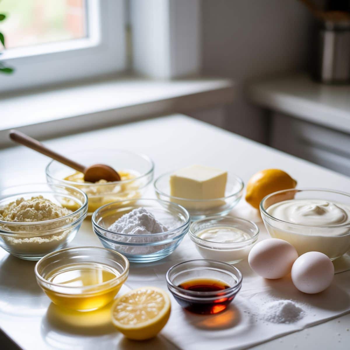 Ingredients for keto mini cheesecakes on a white kitchen counter, including almond flour, cream cheese, eggs, sour cream, lemon, butter, and sweetener.