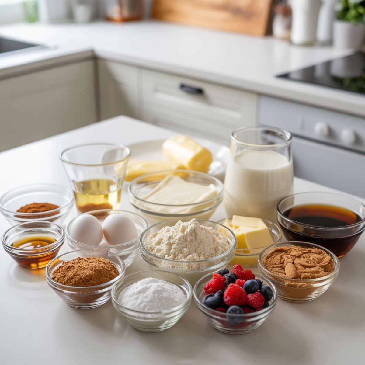 Flat lay of keto pancake ingredients in bowls on white kitchen counter