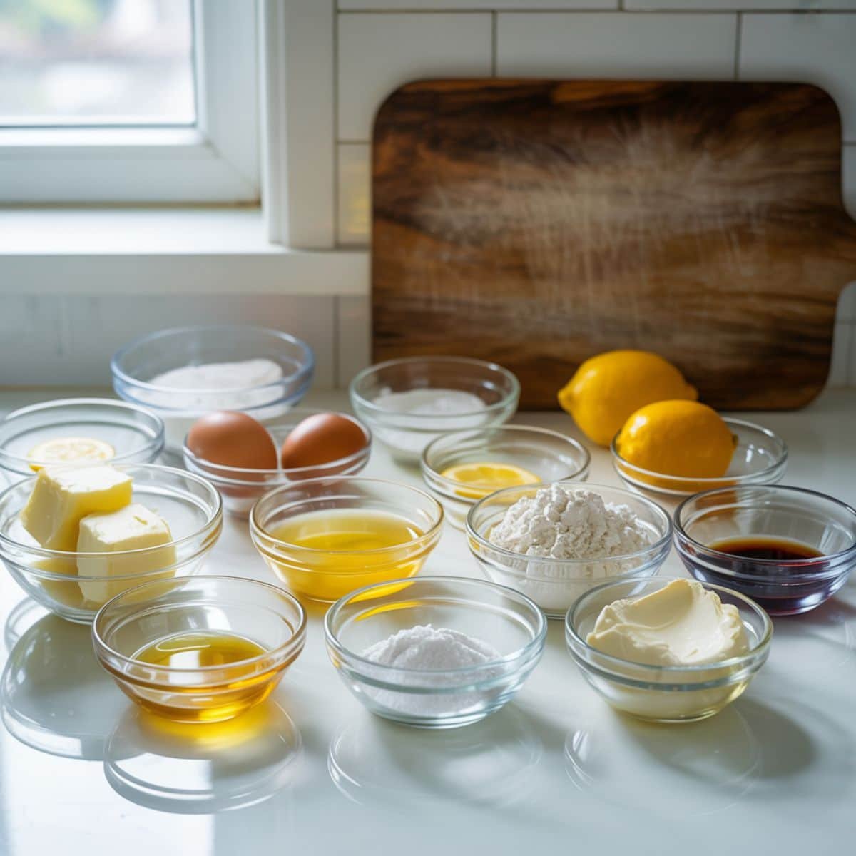 Flat lay of lemon brownies recipe ingredients on white kitchen counter in bowls with natural lighting.