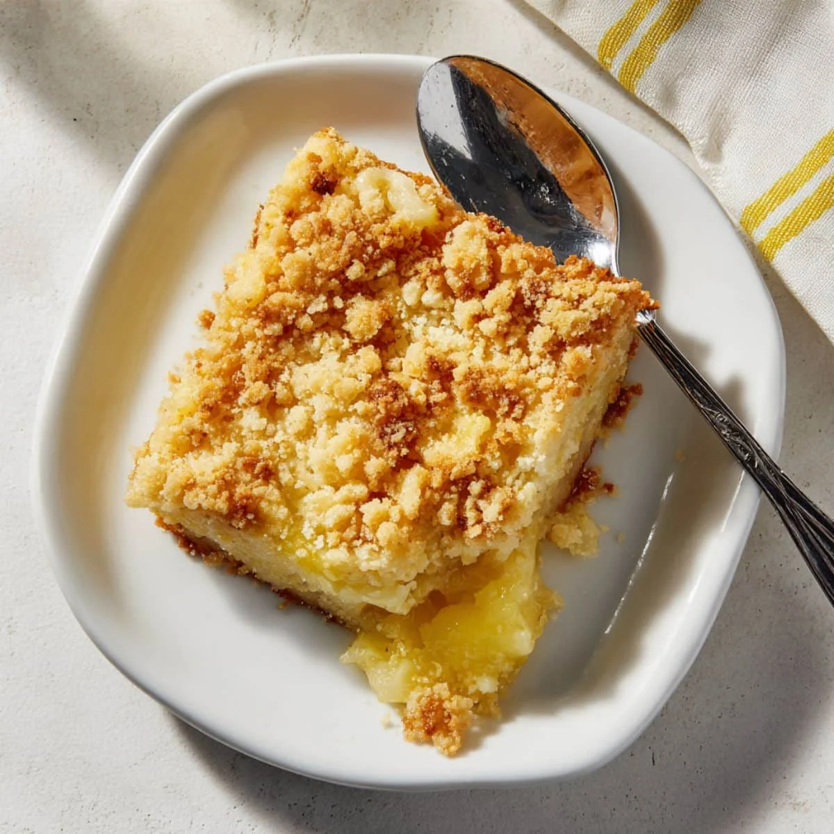 Homemade lemon dump cake with golden buttery topping in a baking dish on a white kitchen table, photographed from above.