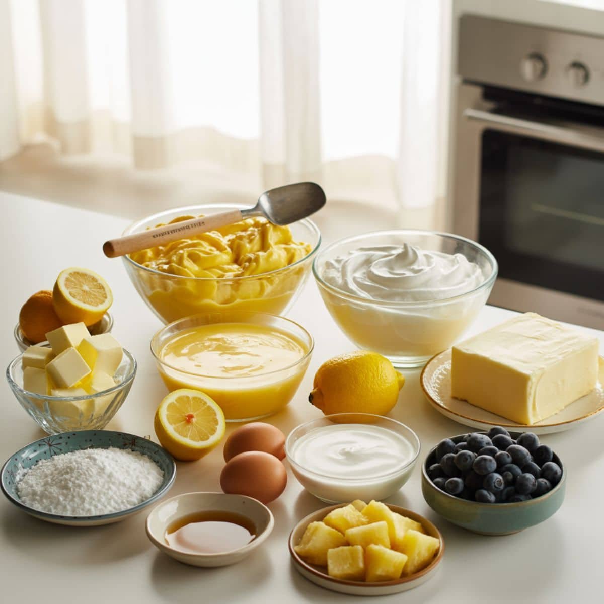 Ingredients for lemon dump cake including cake mix, lemon pie filling, fresh lemons, butter, eggs, cream cheese, and fruits displayed on a white kitchen table from above.