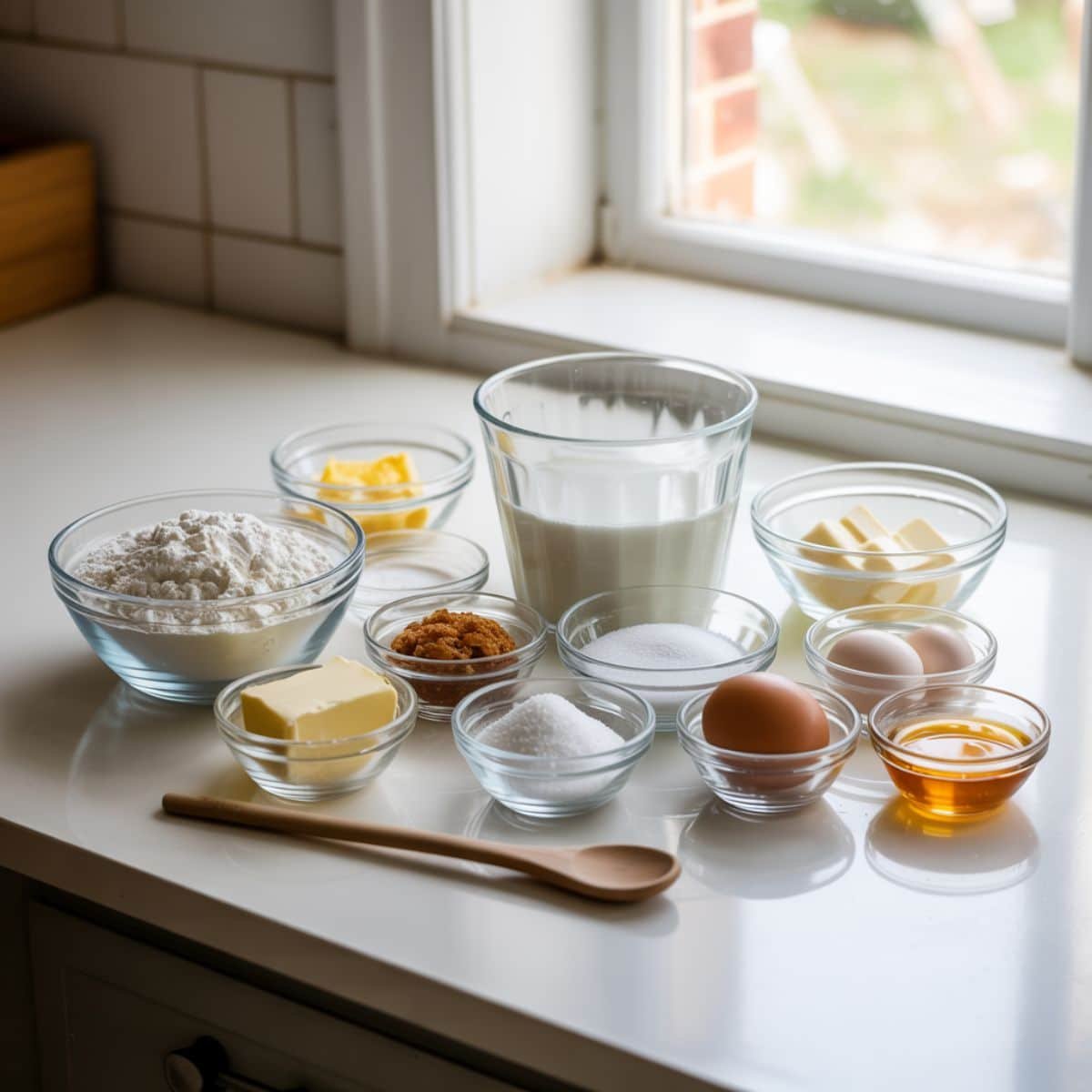 Ingredients for Lion House rolls arranged neatly on a white kitchen counter: flour, yeast, milk, eggs, butter, honey, sugar, salt, shortening