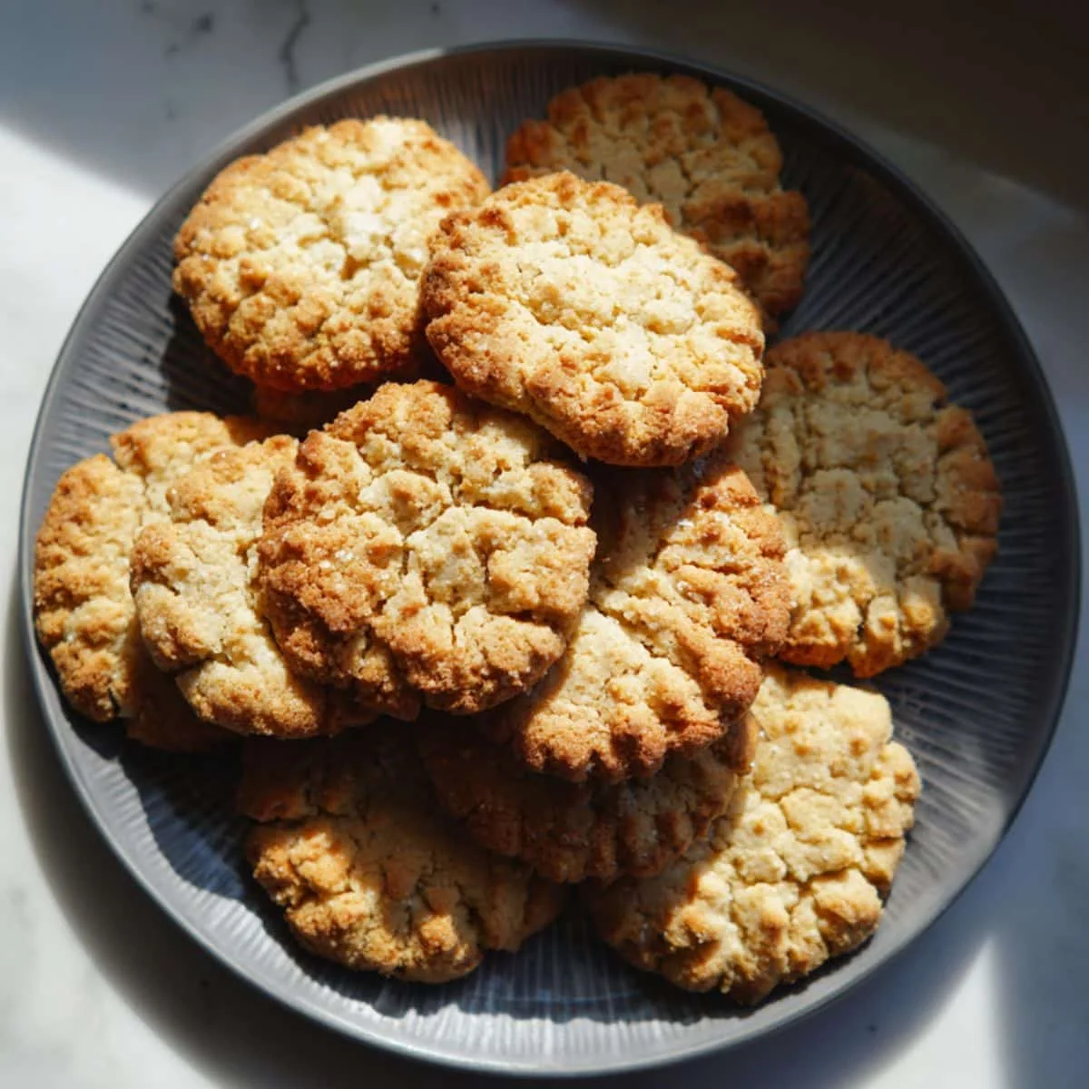 Freshly baked homemade maple cookies on a cooling rack and plate, top view on white counter.