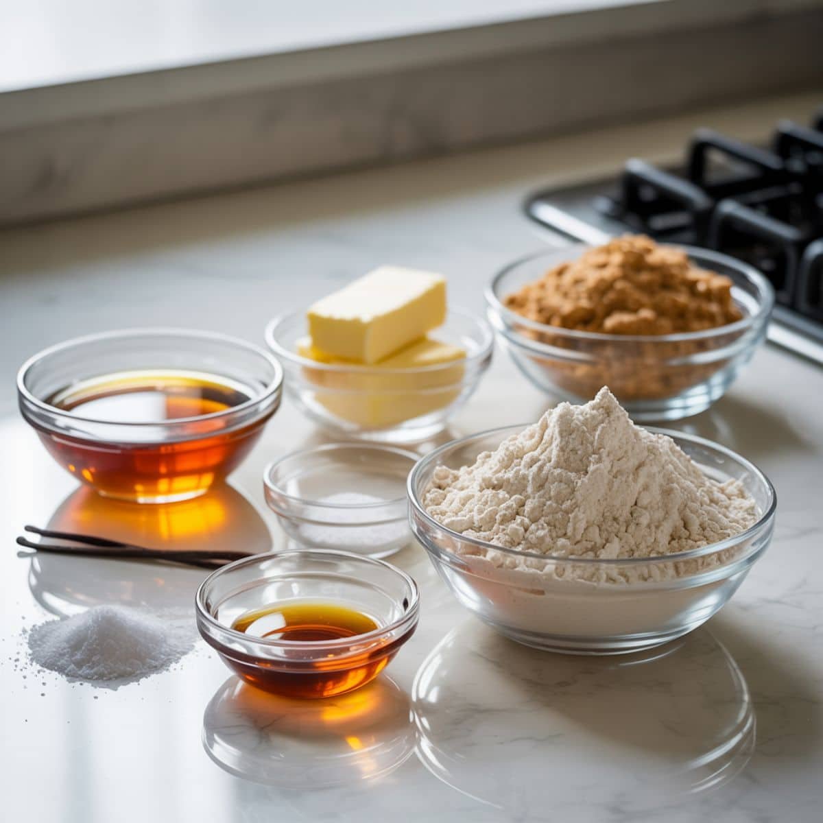 Maple cookie ingredients casually laid out on a white kitchen counter