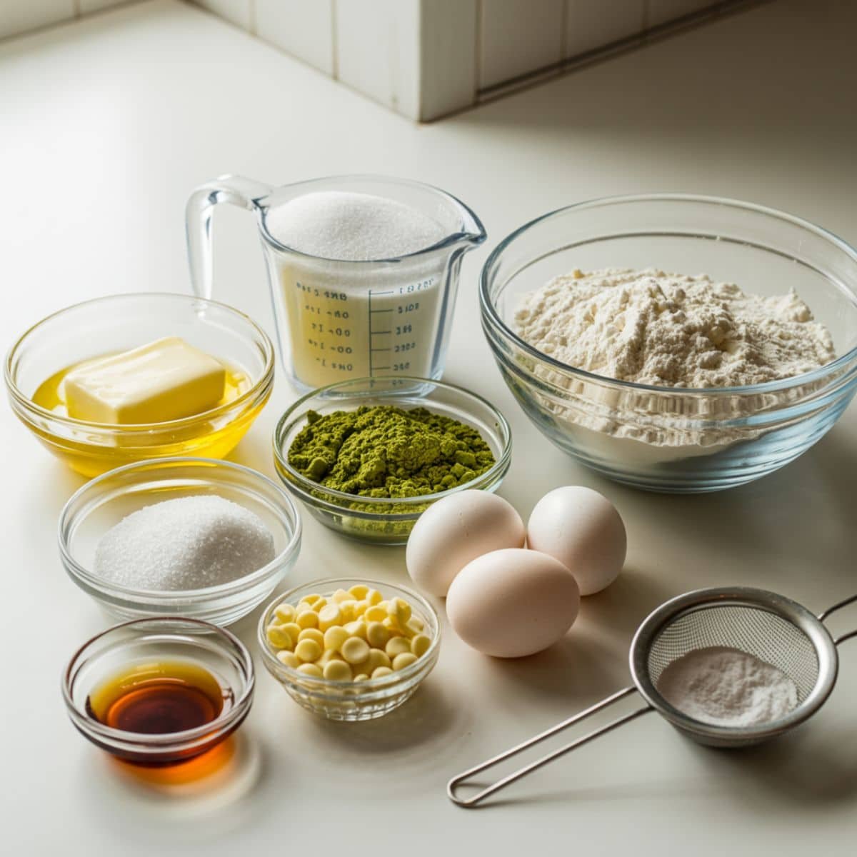 Flat lay of matcha brownie ingredients neatly arranged on a white kitchen counter in natural light.