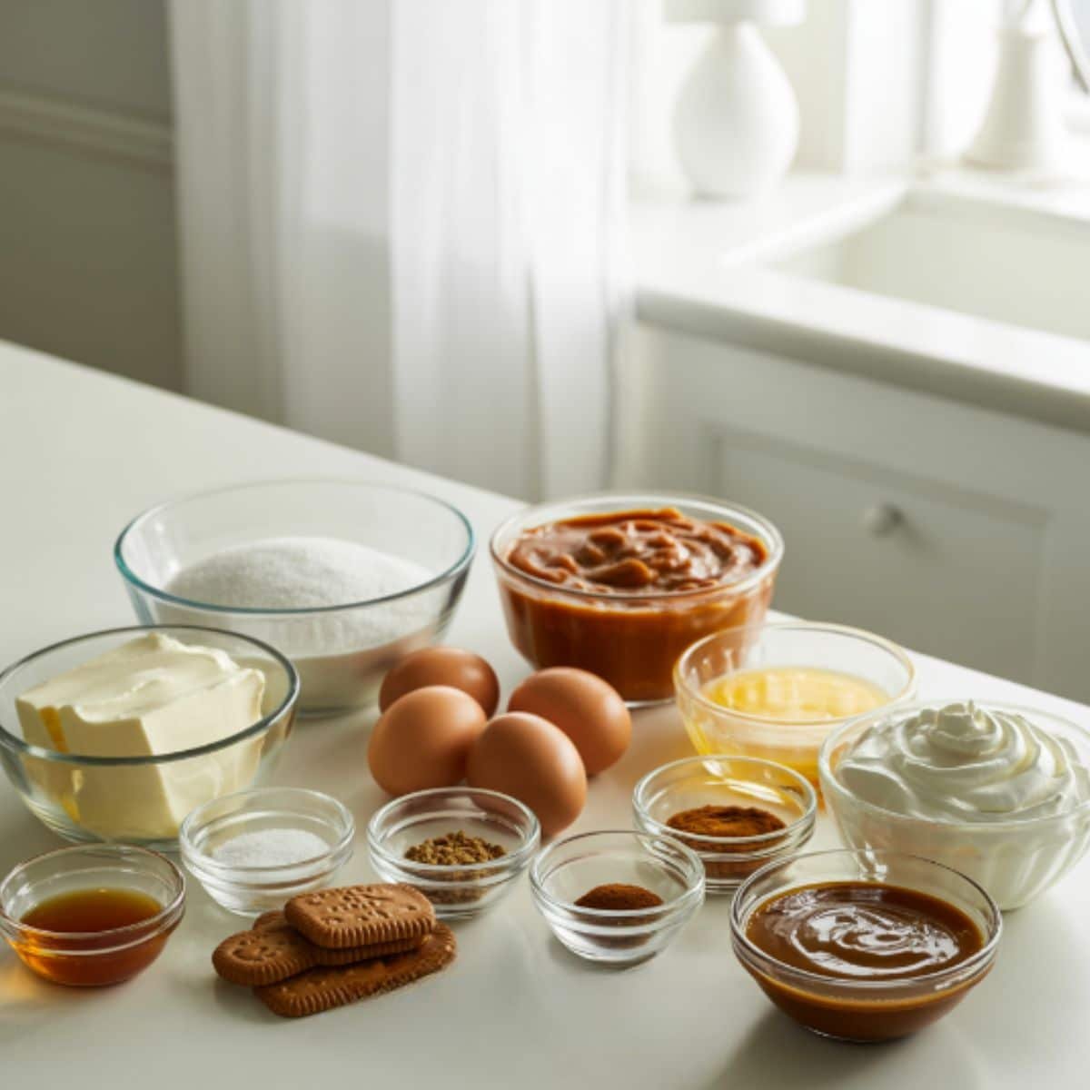 Overhead flat-lay on white table: cream cheese, pumpkin, eggs, sugars, vanilla, spices, salt, gingersnaps, butter, whipped cream, caramel.