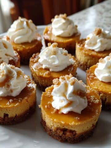 Overhead mini pumpkin cheesecakes on white table; gingersnap crust; whipped cream & caramel; crumbs.