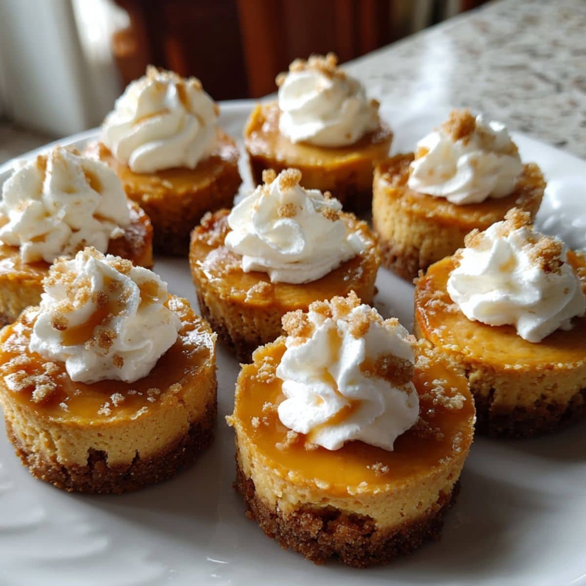 Overhead mini pumpkin cheesecakes on white table; gingersnap crust; whipped cream & caramel; crumbs.
