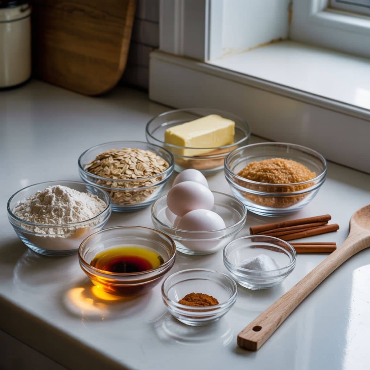 All ingredients for soft chewy oatmeal cookies laid out in order on a white kitchen counter