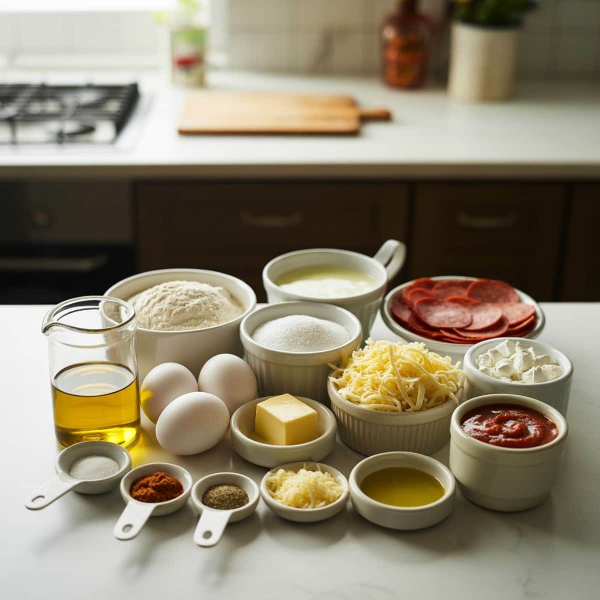 Ingredients for pepperoni roll recipe arranged on white counter