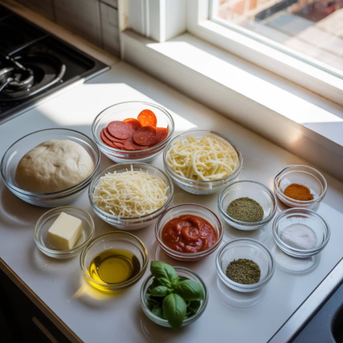 Flat lay of pepperoni bread ingredients including dough, pepperoni, mozzarella, parmesan, herbs, butter, olive oil, and marinara on a white kitchen table.