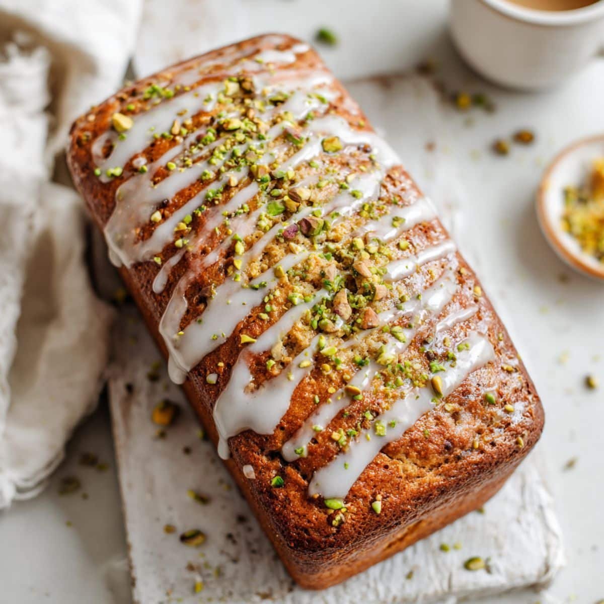 Freshly baked pistachio bread loaf with glaze and pistachio topping on a white counter