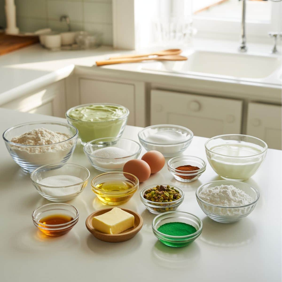 All pistachio bread ingredients neatly arranged in bowls on a white kitchen counter
