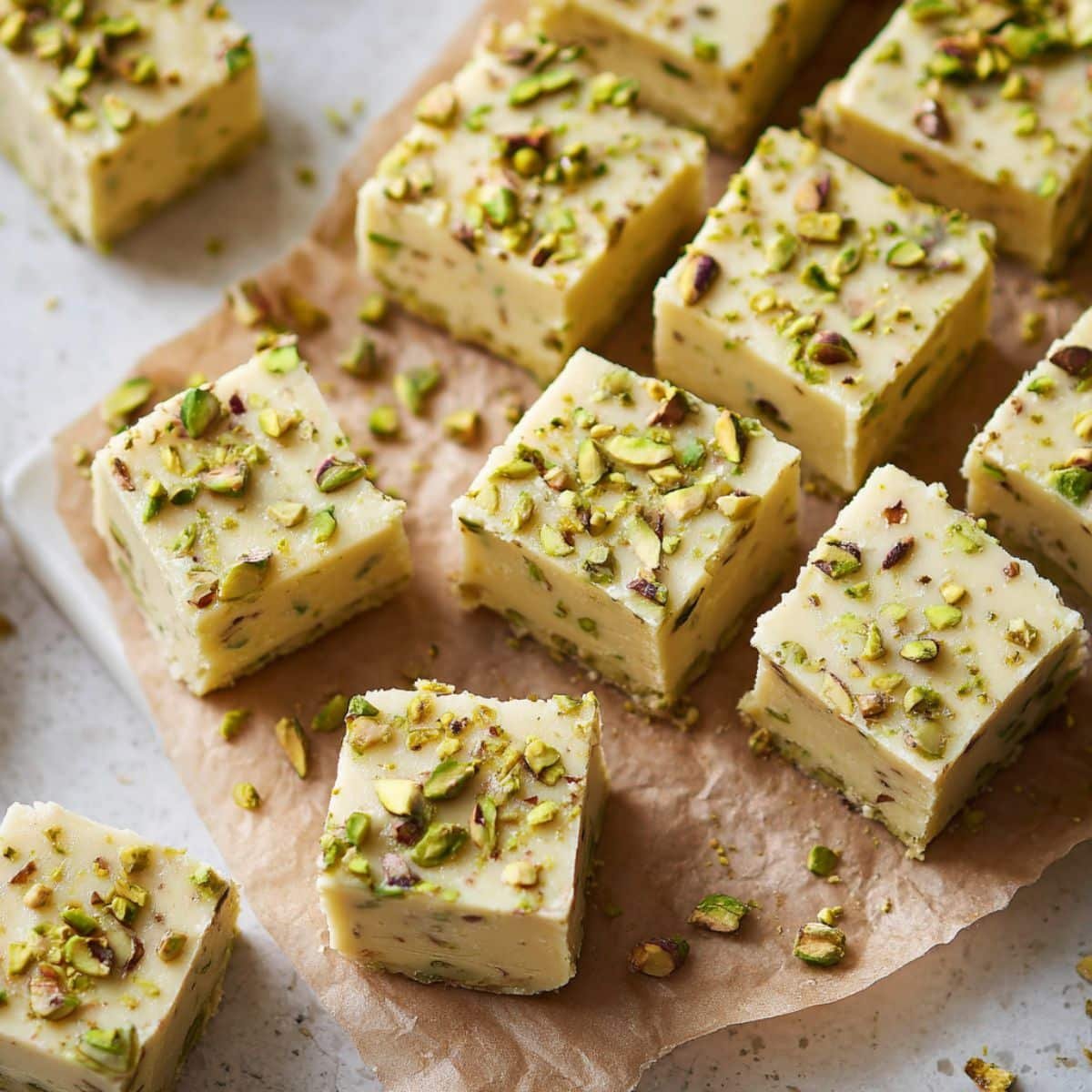 Top-down shot of Pistachio Fudge Recipe cut into squares on parchment paper in a white kitchen