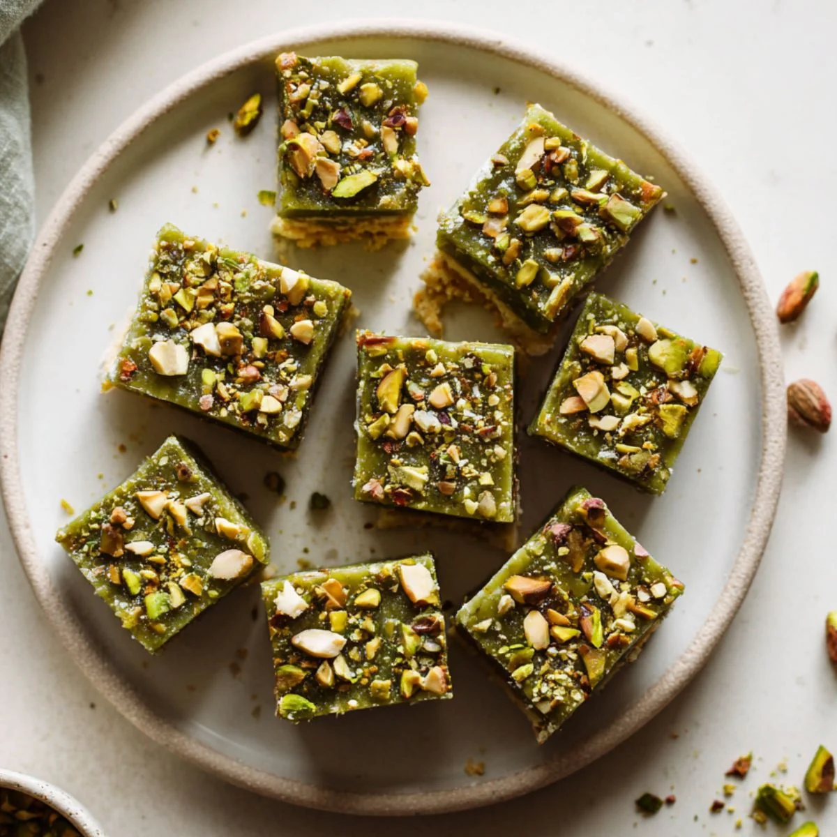 Top-down view of homemade pistachio fudge squares with pistachios on top