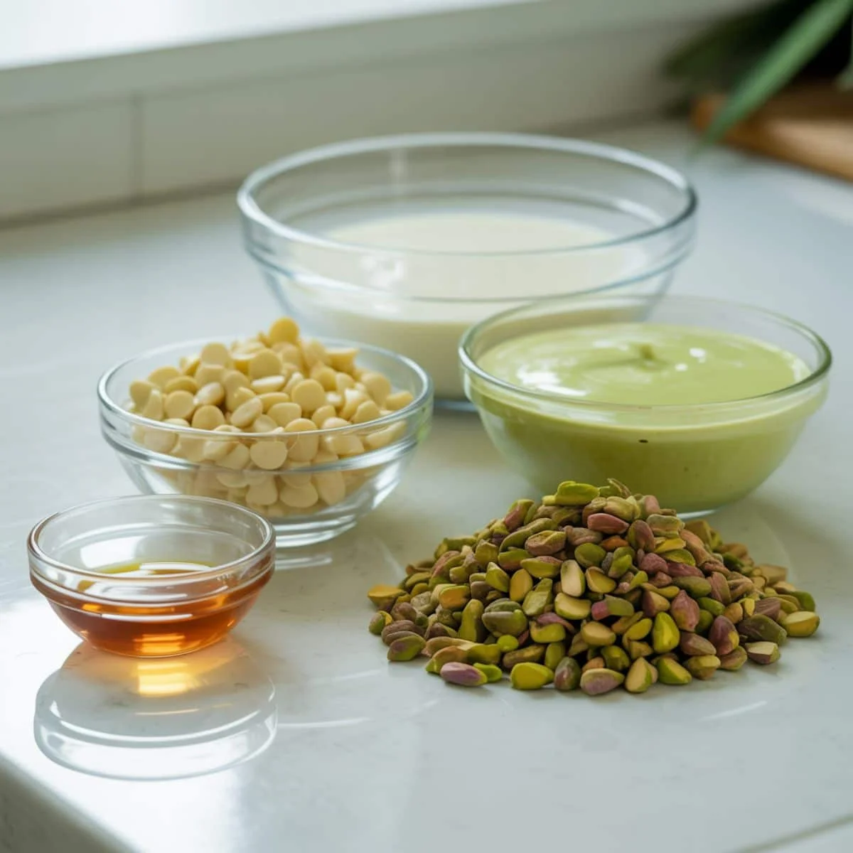 Flat lay of pistachio fudge ingredients on a white kitchen counter
