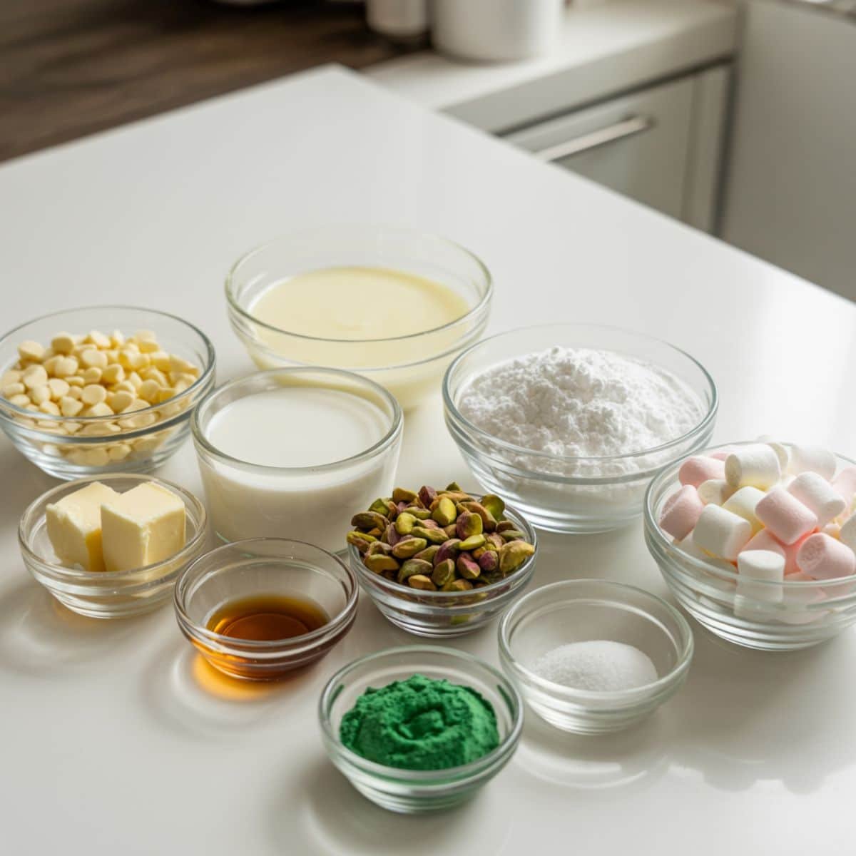 Flat lay of pistachio fudge ingredients arranged in small bowls on white kitchen counter