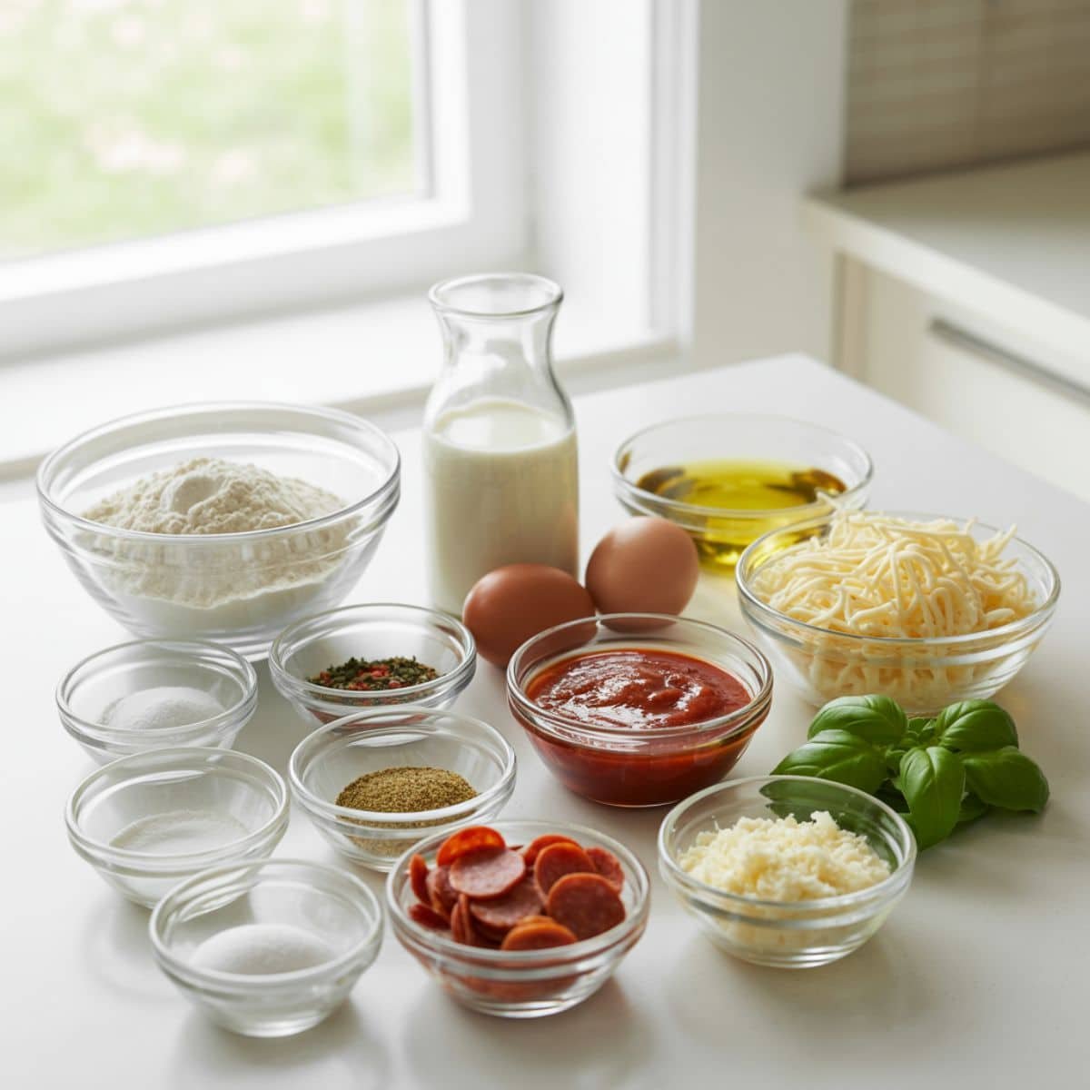 All ingredients for pizza muffins recipe arranged in order on a white kitchen counter