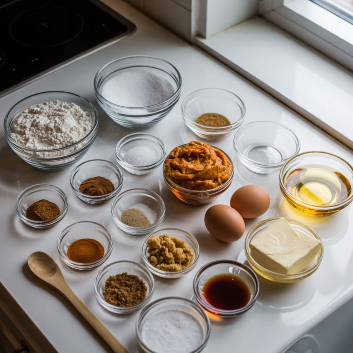 Pumpkin cream cheese muffin ingredients on a white kitchen table including flour, pumpkin puree, cream cheese, eggs, sugar, spices, and optional toppings.