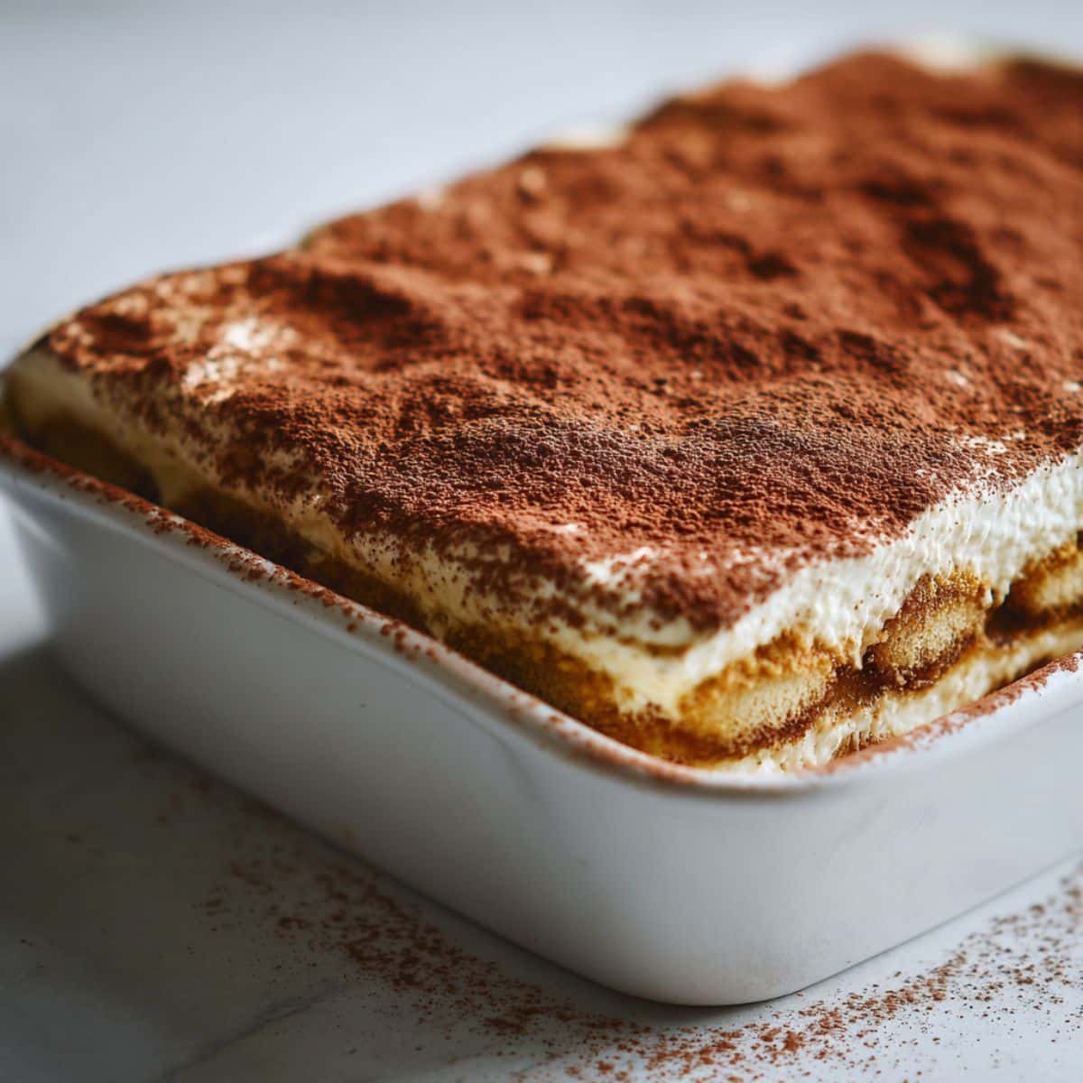 Homemade pumpkin chai tiramisu layered with mascarpone and chai-soaked ladyfingers, dusted with cocoa, on a white kitchen table.