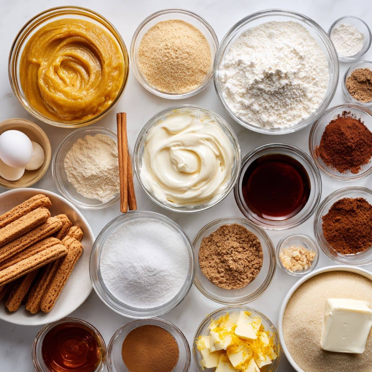 Ingredients for pumpkin chai tiramisu, including pumpkin puree, mascarpone, ladyfingers, brewed chai tea, spices, sugars, cream cheese, and cocoa, laid out on a white kitchen table.
