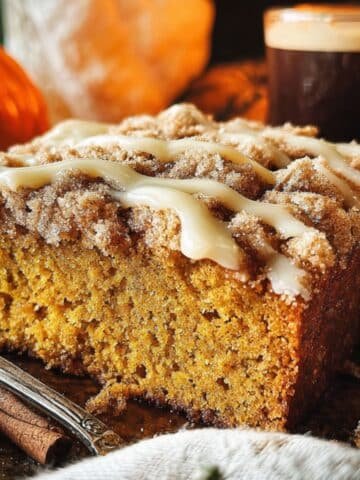 Pumpkin coffee cake with streusel topping and glaze on a white kitchen table, top-down photo.