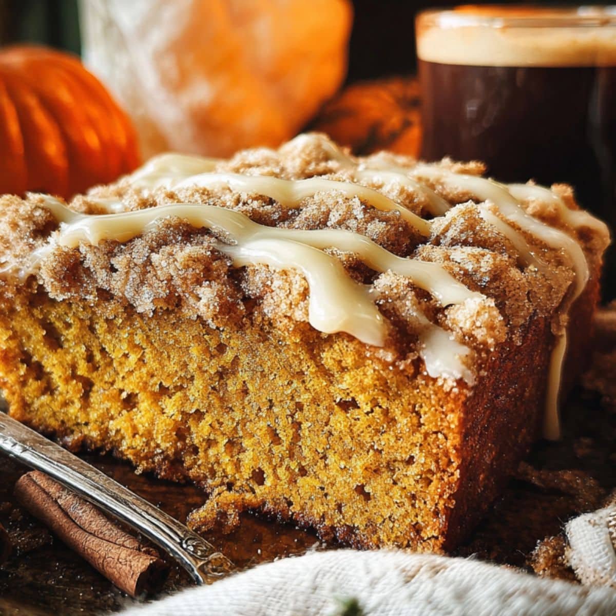 Pumpkin coffee cake with streusel topping and glaze on a white kitchen table, top-down photo.