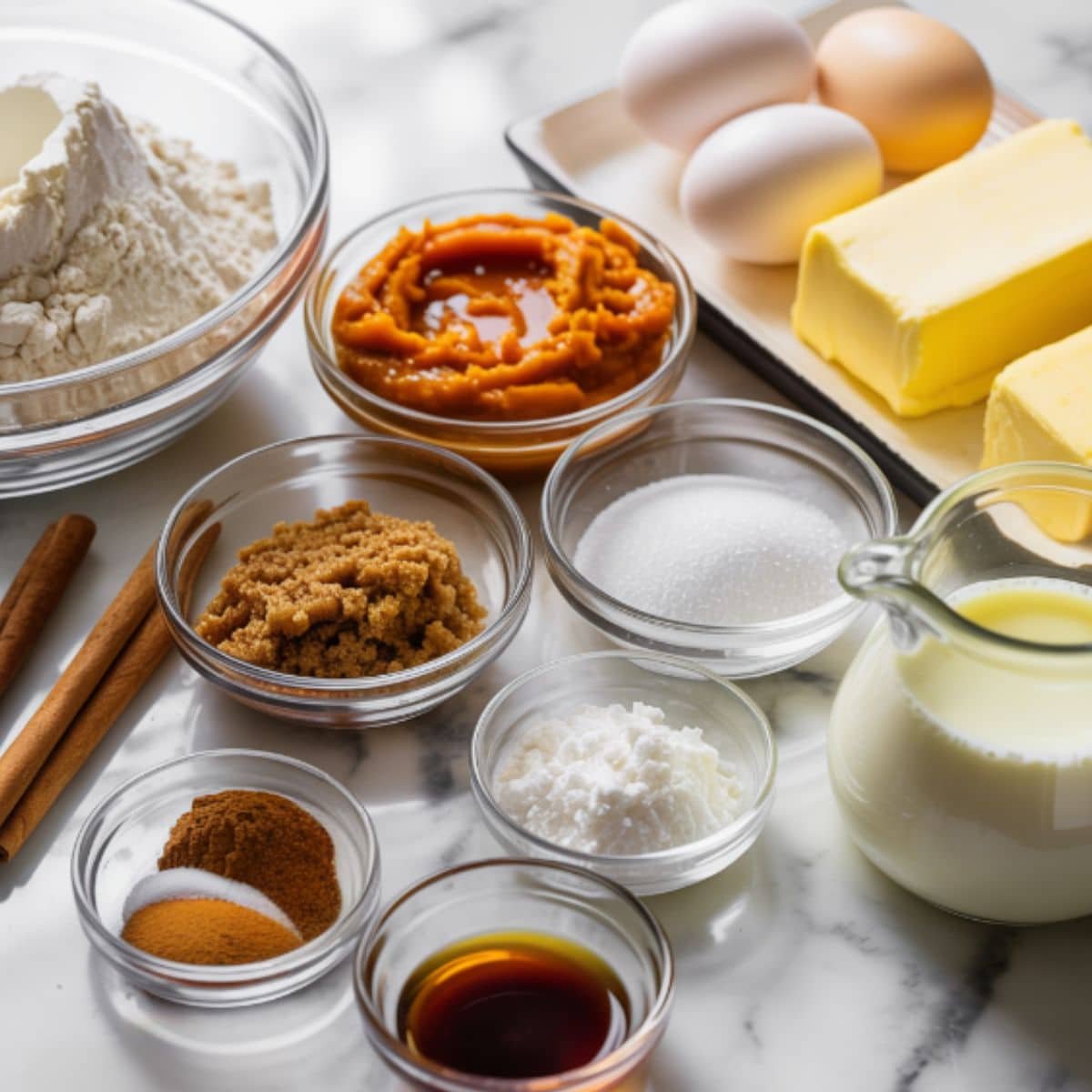 Pumpkin cookie ingredients arranged casually on a white kitchen table, overhead shot with bowls of flour, pumpkin puree, sugars, spices, eggs, butter, cream cheese, and milk.