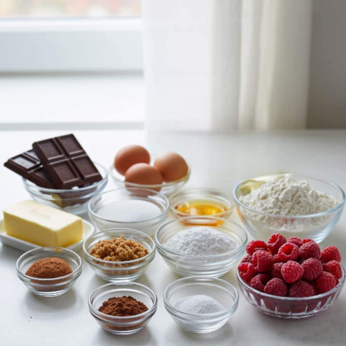 Top-down photo of raspberry brownie ingredients including chocolate, butter, sugars, eggs, flour, cocoa, raspberries, and baking essentials on a white kitchen table.