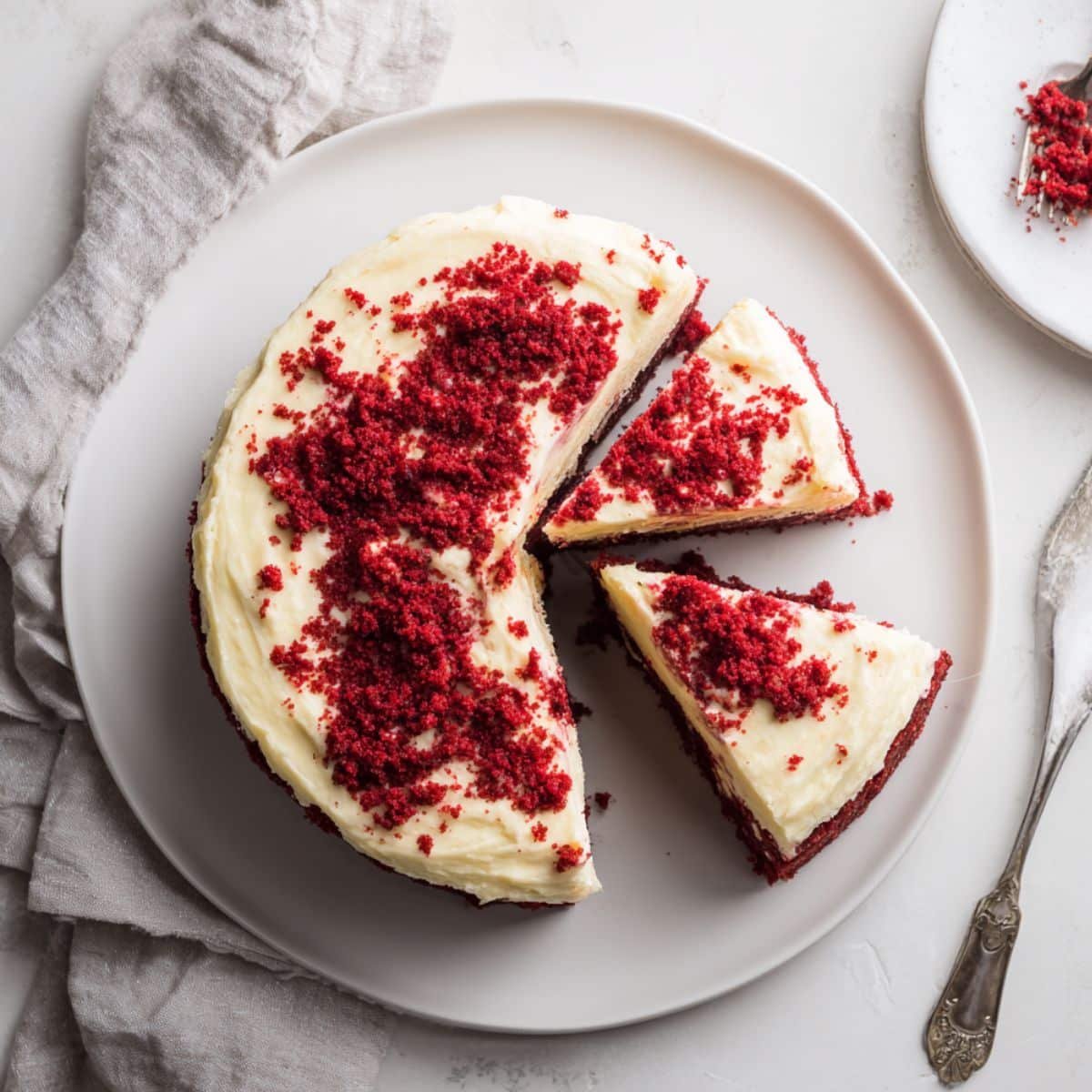 Homemade red velvet cheesecake inspired by Cheesecake Factory, top-down on white kitchen counter